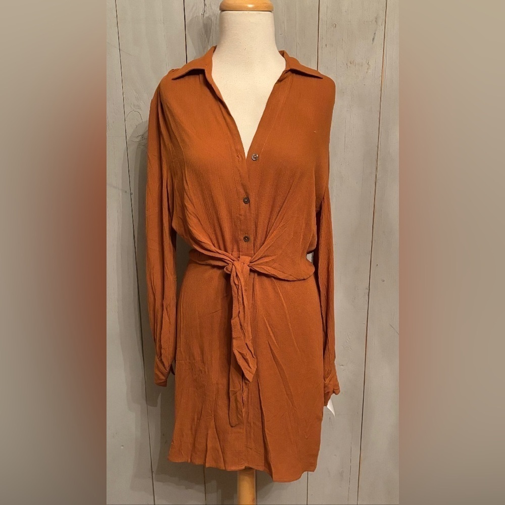 Olivaceous Brown Gauze Tie Waist Button Up Dress. Long Drape Sleeves. Sz-S NEW‎